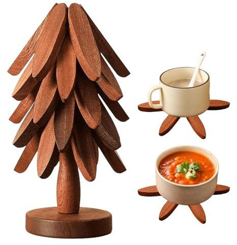 Holzuntersetzer Baumform, Topfuntersetzer Hitzebeständig, 5 Stück Topfuntersetzer Holz& 1 Aufbewahrt, Tannenbaum Untersetzer Holz Für Heiße Gerichte, Faltbare Hitzebeständige Pads Für Küchenpfannen