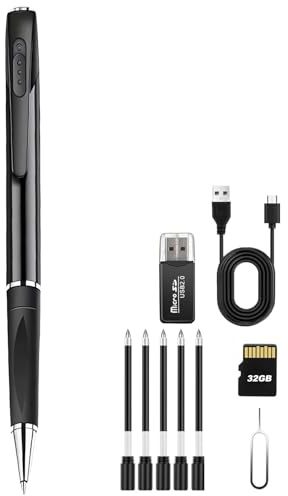 FARONG Versteckte Kamera, 1080P, Mini-Taschenkamera, Stift mit Videoaufnahme, Fotoaufnahme, mit SD-Karte, 32 GB, Kamera mit wiederaufladbarem Akku