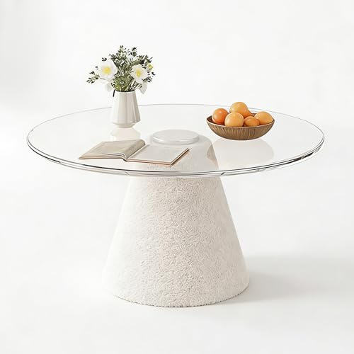 TWSOUL Couchtisch, Sofatisch, Runder Couchtisch aus Massivholz für den Wohnbereich, Gehärtete Glasplatte & Bouclé-bezogener Konussockel aus Holz, Wohnzimmertisch Modern
