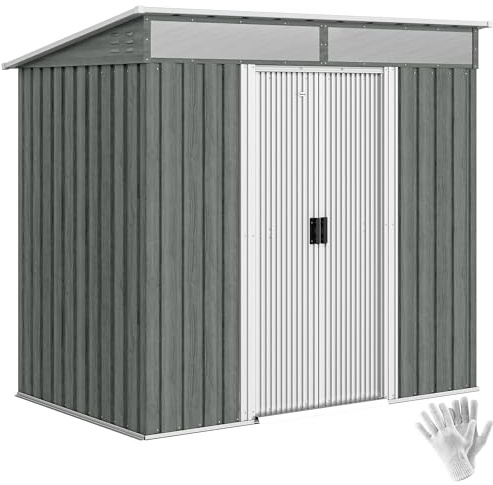Outsunny Casetta da Giardino 2m² in Acciaio Zincato con Prese d'Aria, Capanno da Giardino con Finestre Trasparente, Tetto Inclinato, Porta Scorrevole Bloccabile, 2 Ganci, Grigio Chiaro