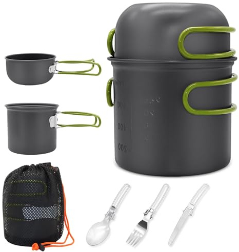Camping Cooking Set, 6 pcs Cookware With Foldable Knife, Fork and Spoon, Portable Pots and Pans, Cooking Pot for Hiking, Fishing, Outdoor Barbeque