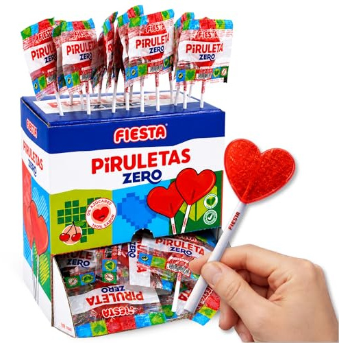 Caramelo con Palo Sabor cereza Sin Azucar, Piruleta en Forma de Corazón, Apto para veganos, sin gluten, sin huevo y sin lactosa es completamente apto para celíacos, Contiene 1 caja con 20 unidades
