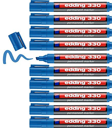 edding Pennarello permanente 330 – azzurro – 10 penne – punta a scalpello 1-5 mm – impermeabile, ad asciugatura rapida – per cartone, plastica, vetro, legno, metallo e tessuto