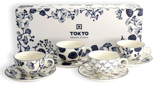 TOKYO design studio – Flora Japonica Tassen & Untertassen (8-tlg.), 250ml | Hochwertiges Porzellan – spülmaschinen- & mikrowellengeeignet – individuelle Muster in Blau und Weiß – mit Geschenkbox