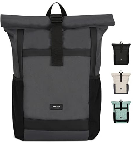LARKSON Rolltop Rucksack Herren & Damen Groß Anthrazit - No 2 - Daypack für Schule, Uni, Fahrrad - 16 Zoll Laptop Fach für Arbeit - Nachhaltig - Anti-Diebstahl - Wasserabweisend