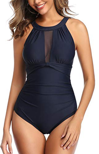 Joweechy Tummy Control One Piece Swimsuit Vintage Swimming Costume Women | Mesh High Neck with Hook Closure Fixed Padded Cups Ruched Modest Swimwear