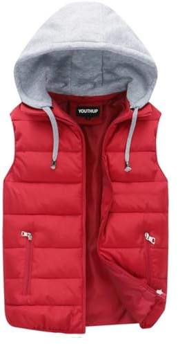 YOUTHUP Herr Lättviktig vadderad väst med huva utomhus västar för män vinter Gilet, Röd röd, L