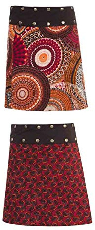 Jupe Courte réversible Portefeuille Ceinture Bouton imprimé Mandala Ethnique Taille Unique Jupe Hippie Rouge et Noire (Rouge, Taille Unique)