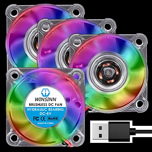 WINSINN 40mm RGB USB Lüfter 5V, LED Bunter 3D Drucker Mikro 5 Volt Lüfter 4010 Hydrauliklager, Bürstenlose Kühlung 40mm x 10mm 2PIN (4er Pack)