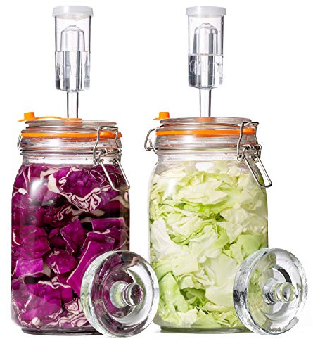 JILLMO Wide Mouth Glass Fermentation Jar with Airlock & Glass Weight, 1.5L Fermenting Jar for Sauerkraut, Kimchi, Pickles & More,Pack of 2