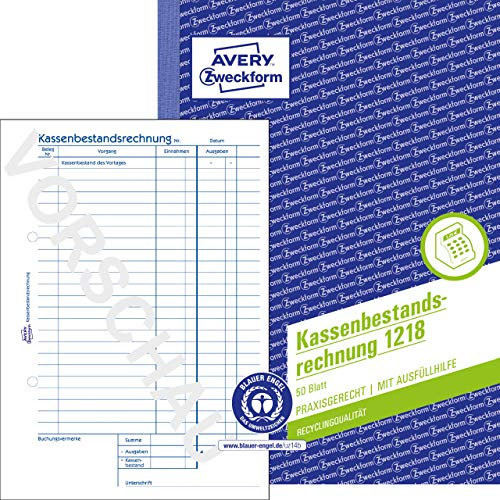 AVERY Zweckform 1218 Recycling Kassenbestandsrechnung (A5, 50 Blatt, Ermittlung der Tageseinnahmen & Kassenbestand, von Rechtsexperten geprüft, für DE/AT, zur ordnungsgemäßen Buchführung) weiß