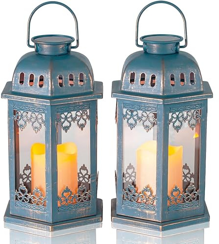 SteadyDoggie Solar Lanterns 2 Pack Blue - Hanging Solar Lights with Flickering Candle LED - Retro Ornate Hanging Lantern with Handle