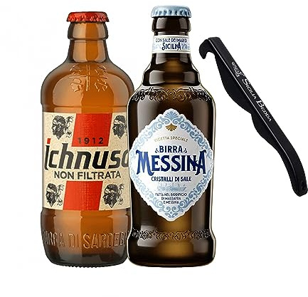 Sicilia Bedda - Box Degustazione BIRRA ICHNUSA NON FILTRATA e BIRRA MESSINA CRISTALLI DI SALE - Con Elegante Apribottiglia (24 Bottiglie da 33 CL)