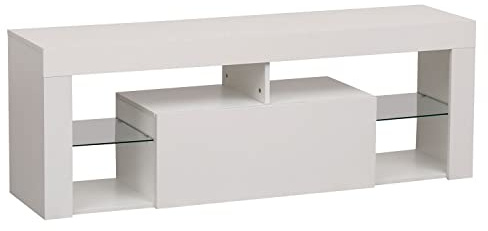 Happy Garden Meuble TV Daryl Blanc avec Bande LED. Meuble Bas Style Contemporain pour télévision et Console de Jeux. Meuble 140cm avec Compartiment fermé et étagères.
