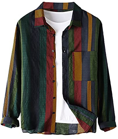 Hemd Herren Streifen Hemd Patchwork Langarm Shirt Retro Langarmshirts Gestreiftes Freizeithemden Loose Bluse mit Tasche