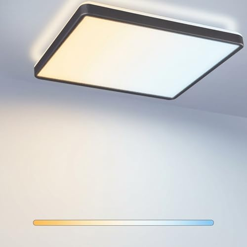 Maxkomfort LED Deckenleuchte mit Backlight, 3 Lichtfarben - 2700K/4000K/6500K, IP20, 42cm Eckig 22W, Ultra Flach (3cm), Deckenlampe für Wohnzimmer, Büro & Küche - Schwarz