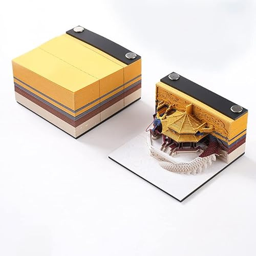 3D Anteckningsblock, ej limmad, 3D papperskonst med en kristallklar displaylåda, 8 x 8 x 3,8 cm, 120 ark, borddekoration med pappersmodell, Palace & Drakar