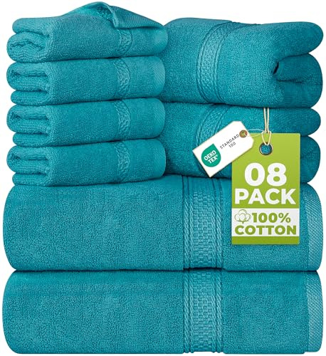 Utopia Towels 8 Piece Luxury Towel Set – Majestic Plush, Super Absorbent & Quicker-to-Dry, Thick 100% Ring Spun Cotton Towels for Bathroom, Spa & Hotel – 2 Bath, 2 Hand, 4 Washcloths,Teal