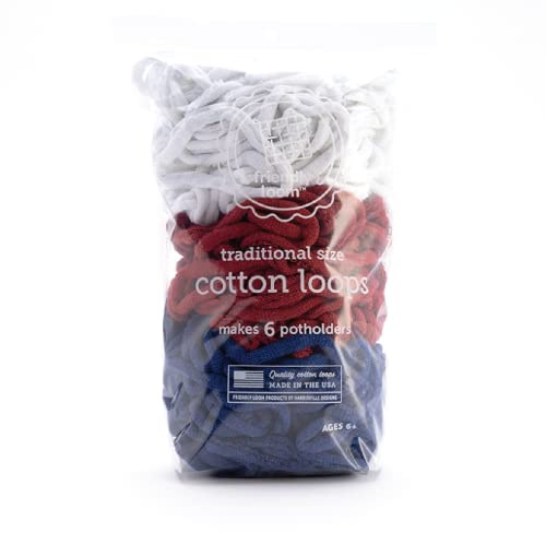 Friendly Loom Lotta Loops by - 4th of July Independence Day Pack (Traditional Size) White, Red, Blue Cotton Loops Makes 6 x 6 Potholders by Harrisville Designs Made in The USA