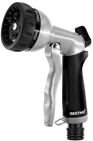 RESTMO Pistola Irrigazione Giardino, Alta Pressione Pistola Piardino Acqua, Spruzzatore in Metallo con 7 Modelli, per Irrigazione di Piante, Lavaggio Auto, Doccia per Animali Domestici -Nero