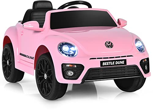 COSTWAY Coche Eléctrico Volkswagen Beetle para Niños 12V, Coche de bateria para Niños con Control Remoto, Luces, Asiento Cómodo, Doble Puerta, Música, Vehículo Motorizado para Niñas (Rosa)