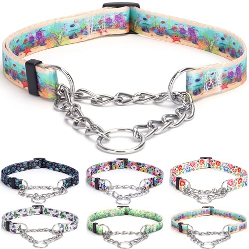 haoyueer Martingale Hundehalsband - Edelstahlkette, No Pull Erziehungshalsband mit Blumen Design für Große Mittlere Kleine Hunde (L, Ozean)