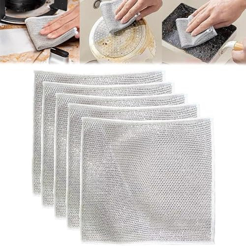 Buobiy 5PCS Multifunctional Non-Scratch Wire Dishcloth, Wire Dishcloth, Multipurpose Wire Dishwashing Rags for Wet and Dry, Multifunctional Cleaning Rag, Japanese Steel Wire Dish Towel