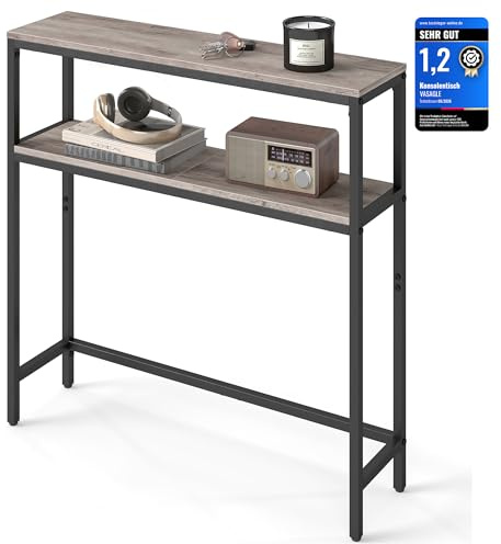 VASAGLE Konsolentisch, schmaler Sofatisch mit 2 Ablagen, 20 x 80 x 80 cm, Flurtisch, 2 Ebenen, für Flur, Wohnzimmer, Schlafzimmer, Greige meliert-tintenschwarz LNT130K02