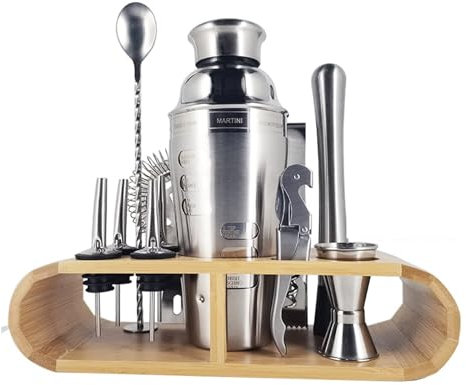Facile da Usare 12 Pezzi Boston Cocktail Shaker Set di Strumenti da Bar Bicchieri Barman Shaker Kit Jigger Mixer Muddler Versatore Cucchiaio con Supporto in bambù (Color : S12 700ml Rack)