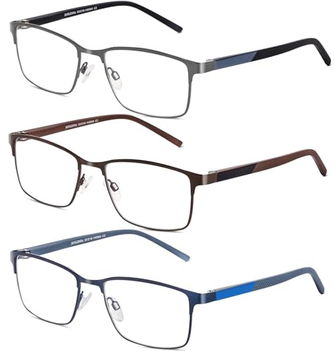DJOLENSA 3 Pack Reading Glasses for Men, Blue Light Blocking Computer Readers, Metal Frame Spring Hinge Eyeglasses with Pouches, Anti Eyestrain/Glare/UV(150 Magnification Strength)