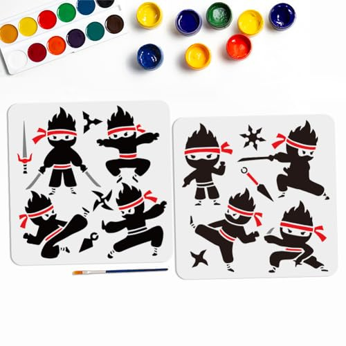 MAYJOYDIY 2 Stück Ninja Schablone Im Stil 30 × 30cm Kampfsport Malschablonen Mit Malpinsel Wiederverwendbare Kampf Bumerang Ninja Vorlage Für Holz Leinwand Papier Stoff Wanddekorationen