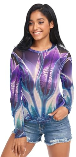 Une image d'une gamme de graffitis colorés en maille à manches longues, hauts à paillettes pour femme, X Ray Fleurs de gentiane Violet, Taille L