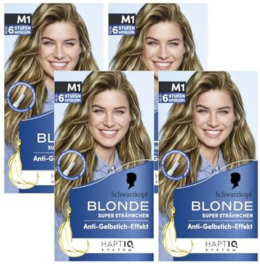 Schwarzkopf Blonde M1 Super Strähnchen (4x 103 ml), Strähnchen Set für Öl-aktiviertes Haare Aufhellen mit HaptIQ System, bis zu 6 Stufen aufhellen für sonnengeküsste Strähnchen