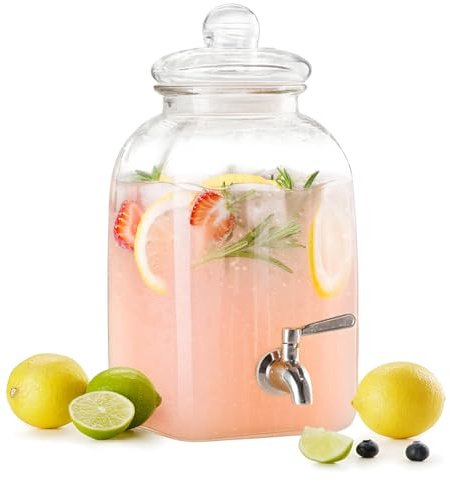 Kook Glass Drink Dispenser, with Leak-Proof Stainless Steel Spigot and Customizable Label Tag, Clear Mason Jar, Beverage Storage for Fridge, for Water, Iced Tea, Sangria, Lemonade, 1.25 Gallon