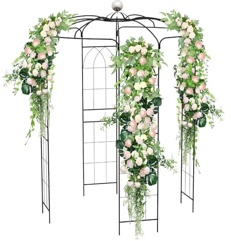HOMASIS Rosenpavillon Metall, Rosenbogen Gartenbogen mit Haken & Dach, Gartenlaube Rankgitter Rankhilfe für Kletterpflanzen, Gartenpavillon Pergola für Garten Hochzeit (206x206x286cm, Schwarz)