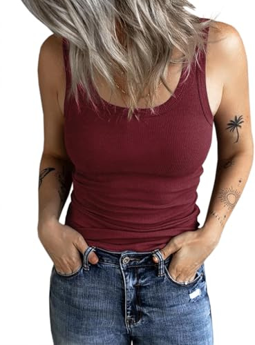 Fessceruna Camisetas de Mujer Camiseta sin Mangas con Escote Redondo Camisetas de Verano Camiseta de Tirantes Acanalada con Botones, 1-Vino Tinto, S