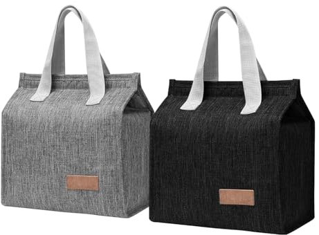 gogocow 2 Set kühltasche für Lunch, Faltbare Lunchtasche Klein, kühltasche klein mit Folienfutter für Arbeit, Schule, Picknick, Reisen (Schwarz und Grau)