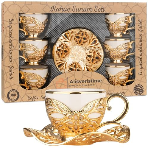 Alisveristime Turkish Coffee Set for Six, 6 White Porcelain Cups with Gilded, Zamac Holders and Saucers, Two Color Variations: Gold and Silver (Gilded-Design) (Gold)