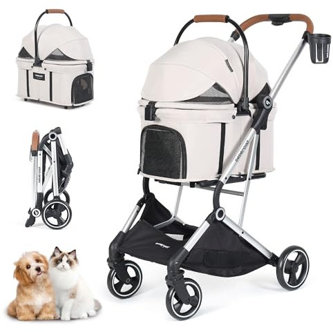 T3 Haustier Kinderwagen 3 in 1 für Kleine Mittlere Hunde Katzen, Faltbarer Leichter Welpen Gear Reise Hundewagen (Beige-Pro)