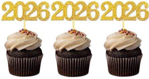 24er-Pack Cupcake-Topper zum Neujahr, goldene Glitzerzahl 2026, Kuchentopper zum Neujahr, Essensspieße, Dekorationen für 2026, Neujahr, Geburtstag, Abschlussfeier, Hochzeitsfeier, Gastgeschenke