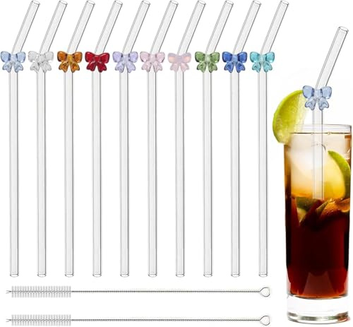 VirtuGro 10Pcs Glass Straws Drinking Reusable Straws with Charms Clear Bent Straw with Cleaning Brush for Kids Girls Smoothies Cocktails Milkshakes Juices Coffee Water (20cm)