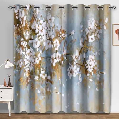 Curtains for Living Room Blue Brown Floral Door Curtain Polyester Washable Blackout Curtains Office Curtains for Bedroom Decoration Eyelet Curtains 2 Panels Curtains 2x110x215 cm