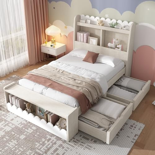 Kinderbett Einzelbett Stauraumbett mit Schubladen, Regal und Sitzbank mit Stauraum, Holzbett 90x200 cm, Bettgestell und Lattenrost aus Holz, Weiß mit Eichefarben (Ohne Matratze)