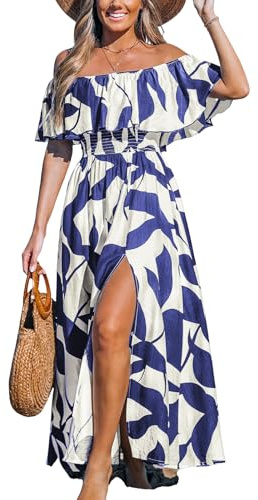 CUPSHE Women Ruffle Floral Maxi Summer Dress Off Shoulder Backless Slit Hem Dresses, Blue White L