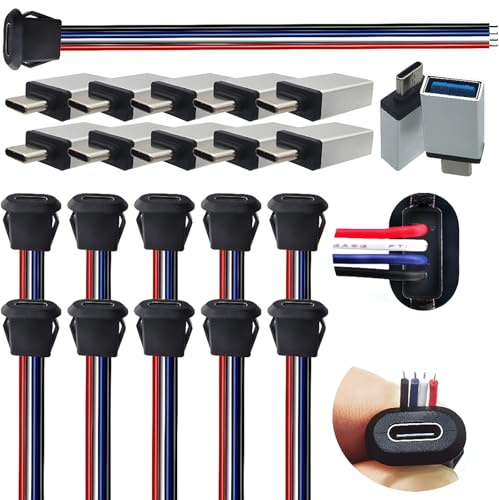 CESFONJER Type-C Panel Mount Connector, 10 Sets USB C Chassis Socket with 4 core Pigtail and Male to USB OTG Adapter - DIY Soldering Kit for Electronics Projects Repair