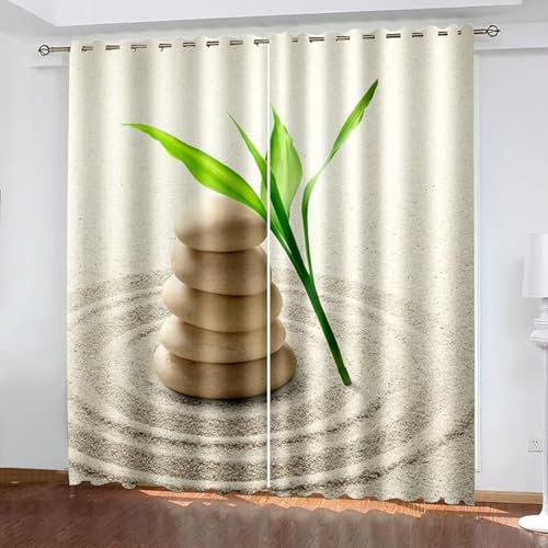 Beydodo Vorhänge Verdunklung mit Ösen 2er Set, Gardinen Blickdicht 102x244CM Zen Motiv Sand Steine und Grün Blatt Verdunklungsvorhänge Kinderzimmer Jugendzimmer