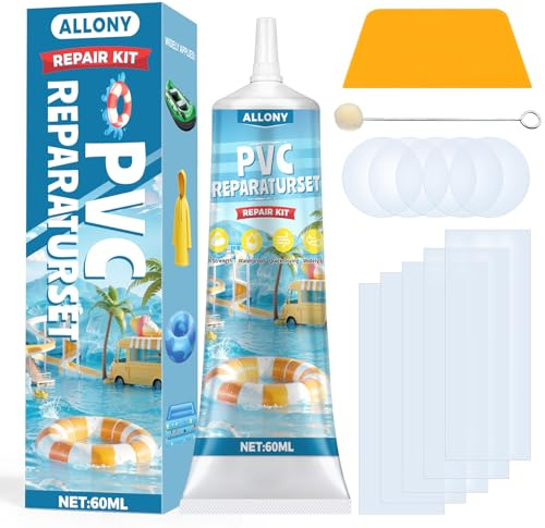 Allony Colle PVC, Colle PVC Piscine, Rustine Piscine, Kit Reparation Piscine, Reparation Liner Piscine, Convient aux Kayaks Gonflables, Tentes, Matelas Gonflables de Piscine, 60 ML