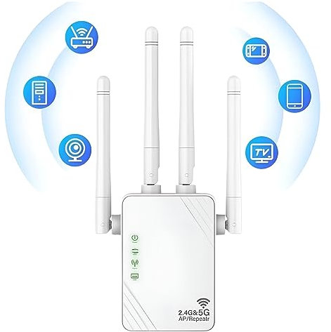 WiFi Repeater, WiFi Extender, 1200Mps Dual Band 5GHz and 2.4GHz, Repeater/Router/AP Mode, 4 Antennas, 2 LAN Ports, For Home/Office, UK Plug - White