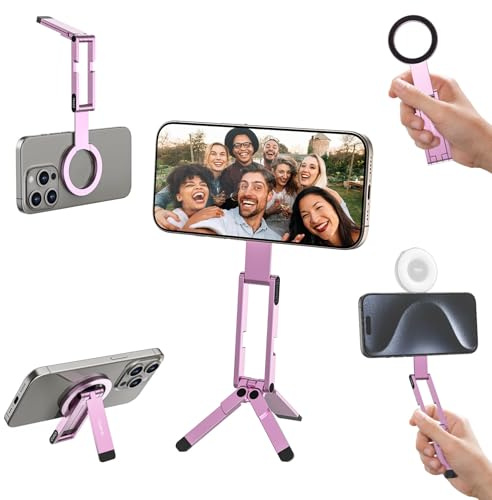 ULANZI MA60 Magnetic Phone Tripod Stand for iPhone - Aluminium Smartphone Mini Tripod Pocket Cell Phone Stand Strong Magnet Quick Mount Compatible with iPhone 16 15 14 13 12 Series, Pink