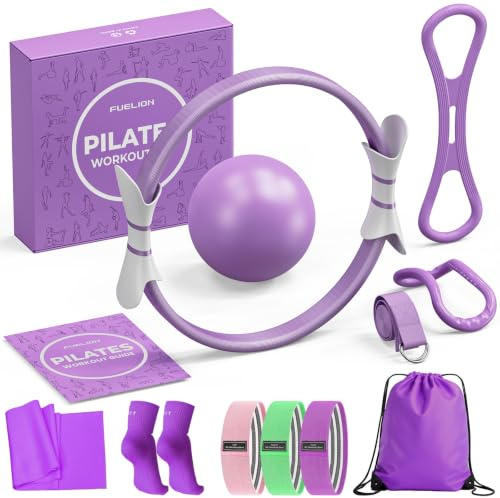 Fuelion Pilates Ring Set for Women, Home Workout Pilates Equipment with Resistance Bands, 14'' Magic Circle, Mini Ball, Pilates Starter Kit for Strength, Toning and Flexibility (Purple, Medium-Level2)